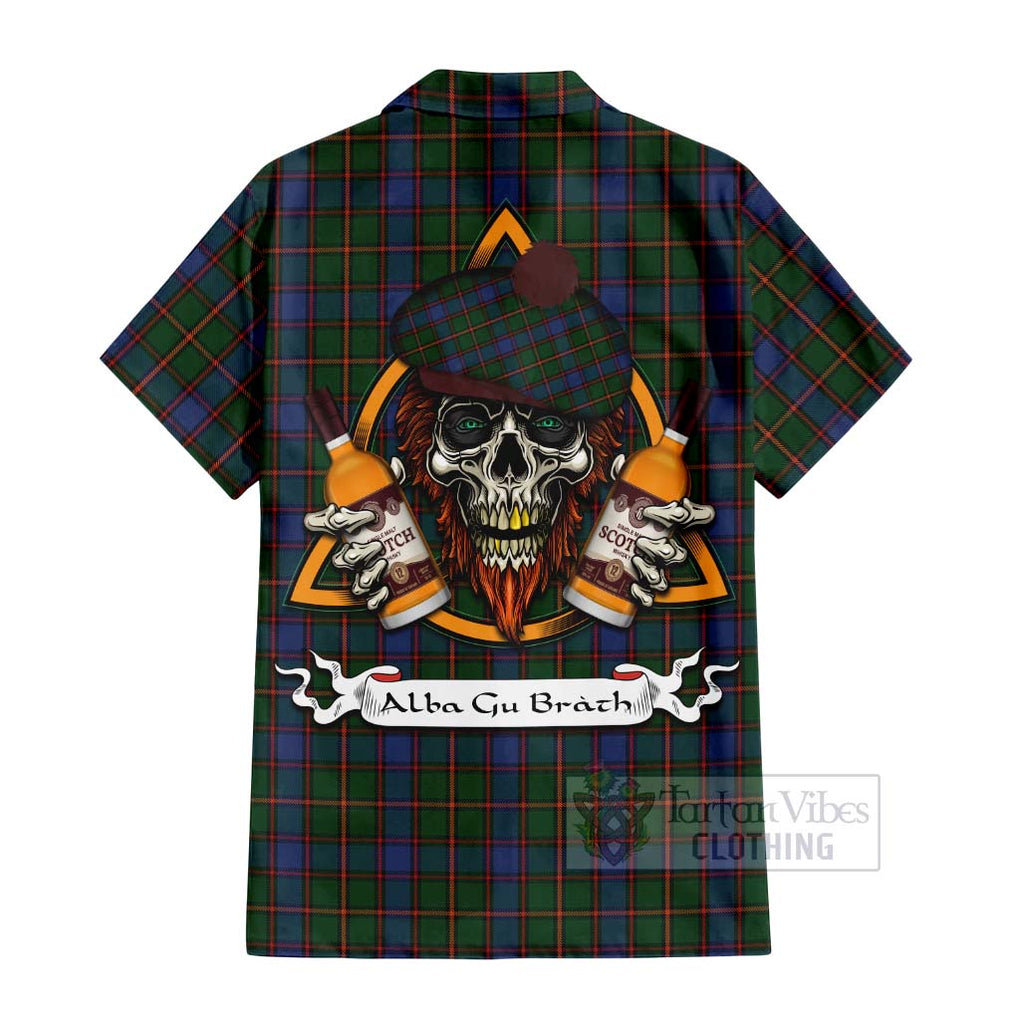 Tartan Vibes Clothing Skene Tartan Short Sleeve Button Shirt with Family Crest and Bearded Skull Holding Bottles of Whiskey