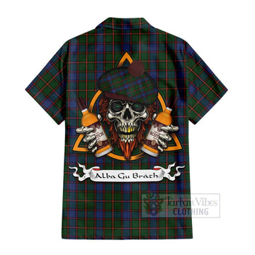 Skene Tartan Short Sleeve Button Shirt with Family Crest and Bearded Skull Holding Bottles of Whiskey