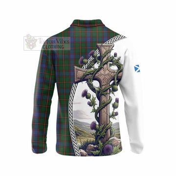 Skene Tartan Long Sleeve Polo Shirt with Family Crest and St. Andrew's Cross Accented by Thistle Vines