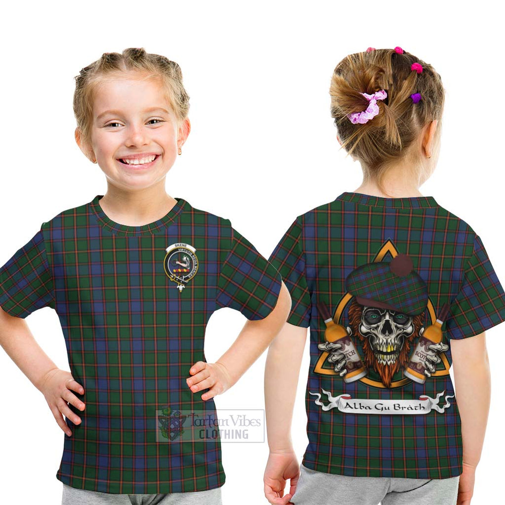 Tartan Vibes Clothing Skene Tartan Kid T-Shirt with Family Crest and Bearded Skull Holding Bottles of Whiskey