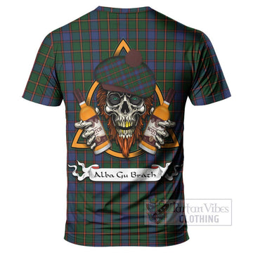 Skene Tartan T-Shirt with Family Crest and Bearded Skull Holding Bottles of Whiskey