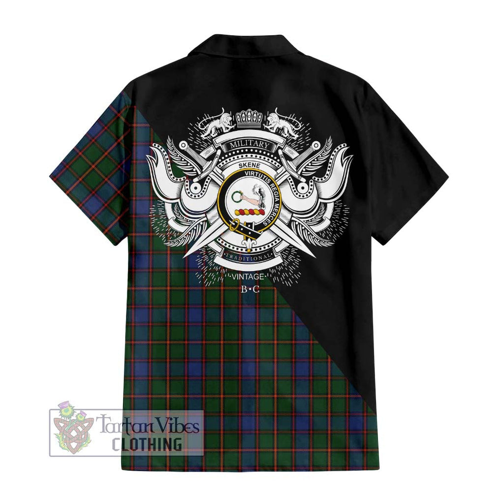 Skene Tartan Short Sleeve Button Shirt with Family Crest and Military Logo Style - Tartanvibesclothing Shop