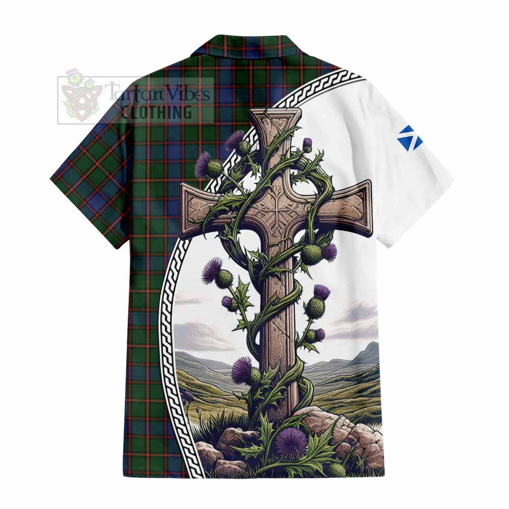 Tartan Vibes Clothing Skene Tartan Short Sleeve Button Shirt with Family Crest and St. Andrew's Cross Accented by Thistle Vines