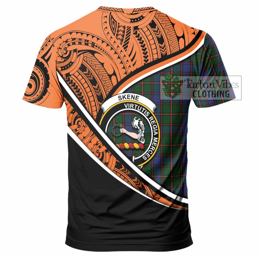 Tartan Vibes Clothing Skene Crest Tartan T-Shirt with Maori Tattoo Style - Orange Version