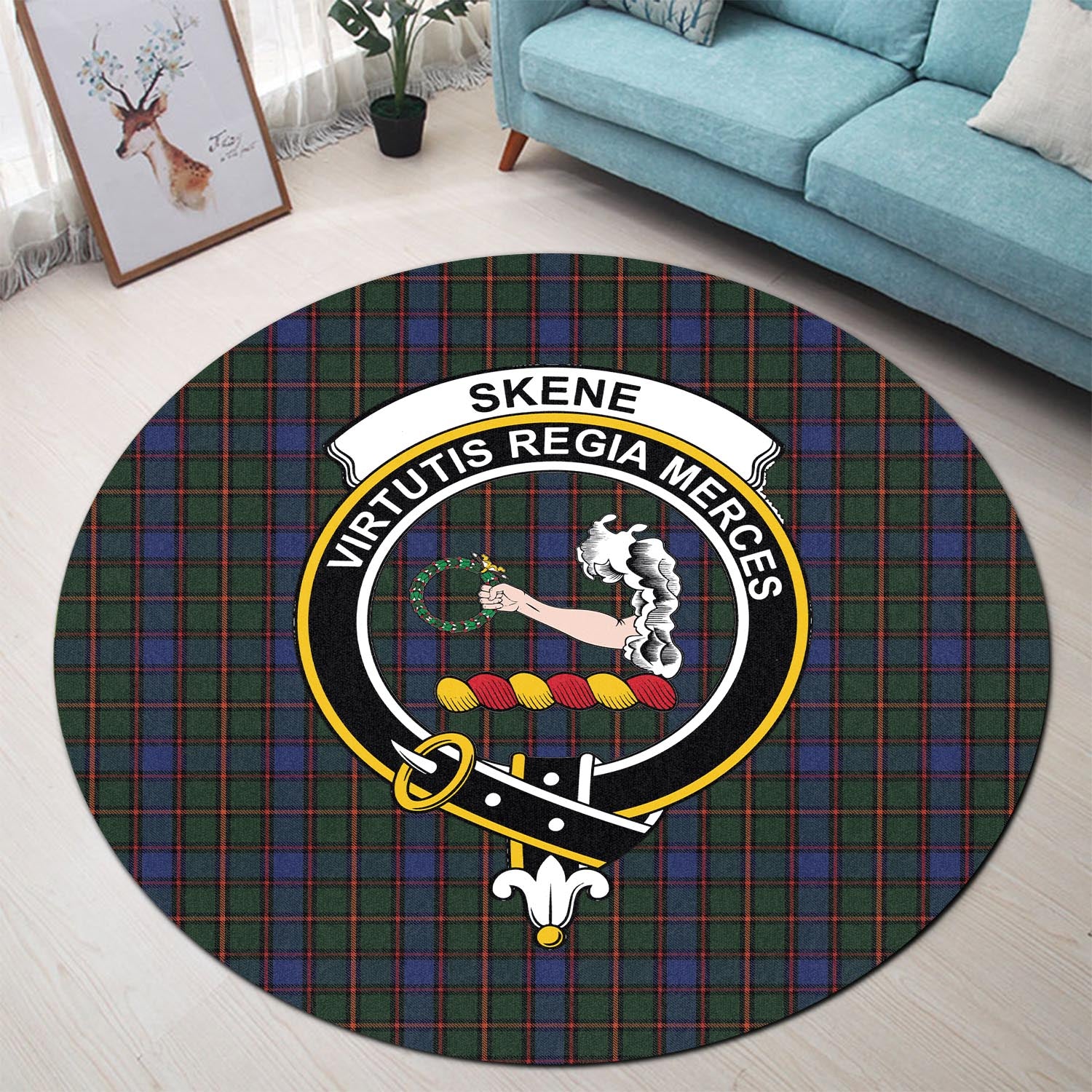 skene-tartan-round-rug-with-family-crest