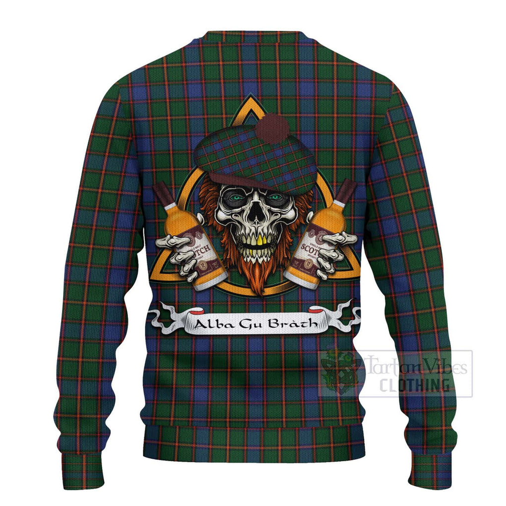 Tartan Vibes Clothing Skene Tartan Knitted Sweater with Family Crest and Bearded Skull Holding Bottles of Whiskey