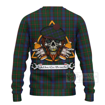 Skene Tartan Ugly Sweater with Family Crest and Bearded Skull Holding Bottles of Whiskey