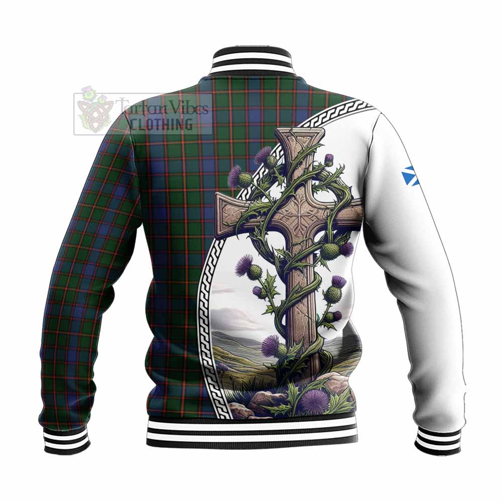 Tartan Vibes Clothing Skene Tartan Baseball Jacket with Family Crest and St. Andrew's Cross Accented by Thistle Vines