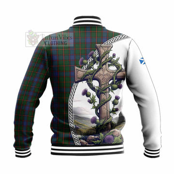 Skene Tartan Baseball Jacket with Family Crest and St. Andrew's Cross Accented by Thistle Vines