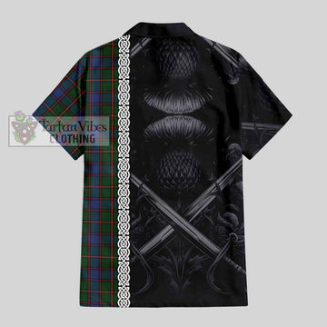 Skene Tartan Short Sleeve Button Shirt with Family Crest Cross Sword Thistle Celtic Vibes