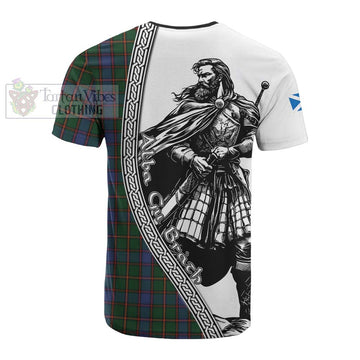 Skene Tartan Clan Crest Cotton T-shirt with Highlander Warrior Celtic Style