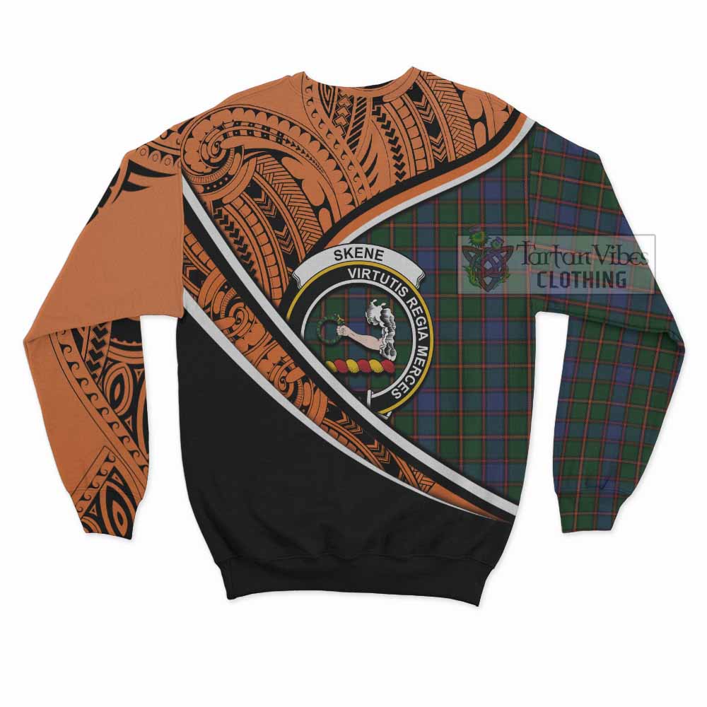 Tartan Vibes Clothing Skene Crest Tartan Sweatshirt with Maori Tattoo Style - Orange Version