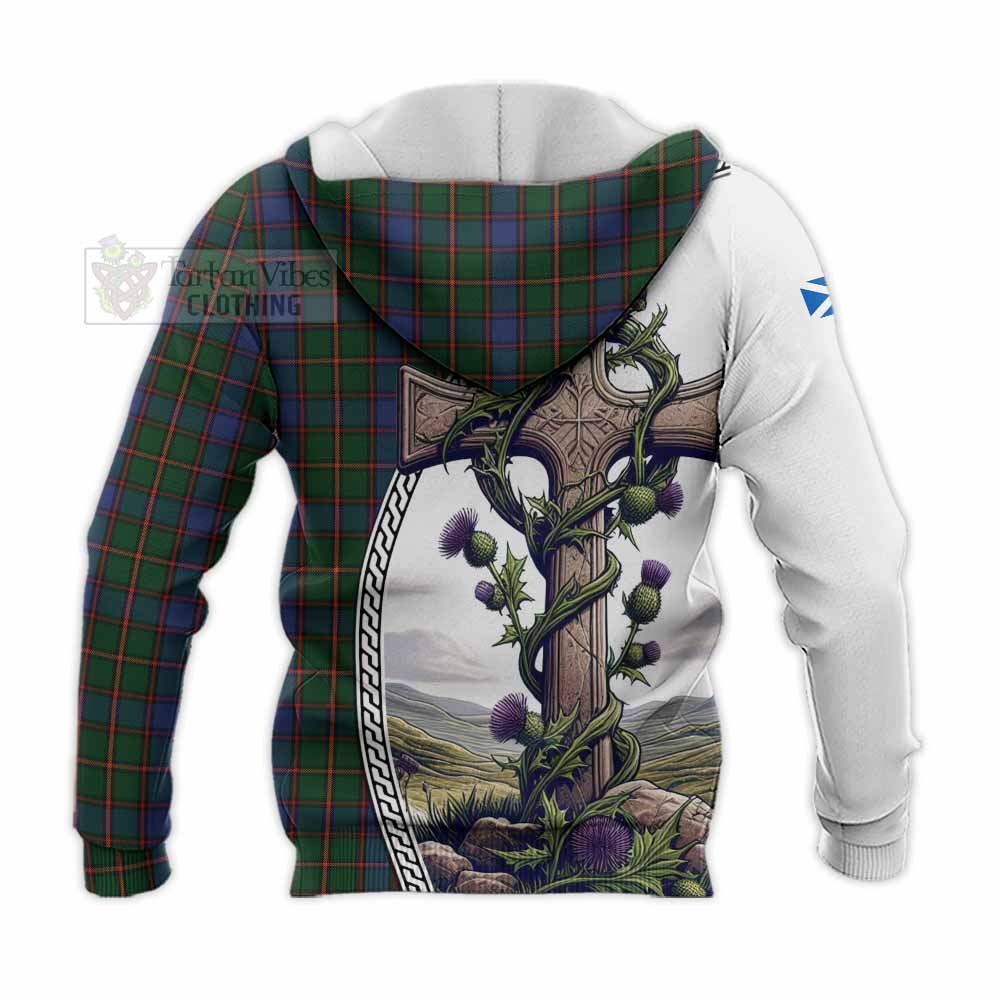 Tartan Vibes Clothing Skene Tartan Knitted Hoodie with Family Crest and St. Andrew's Cross Accented by Thistle Vines