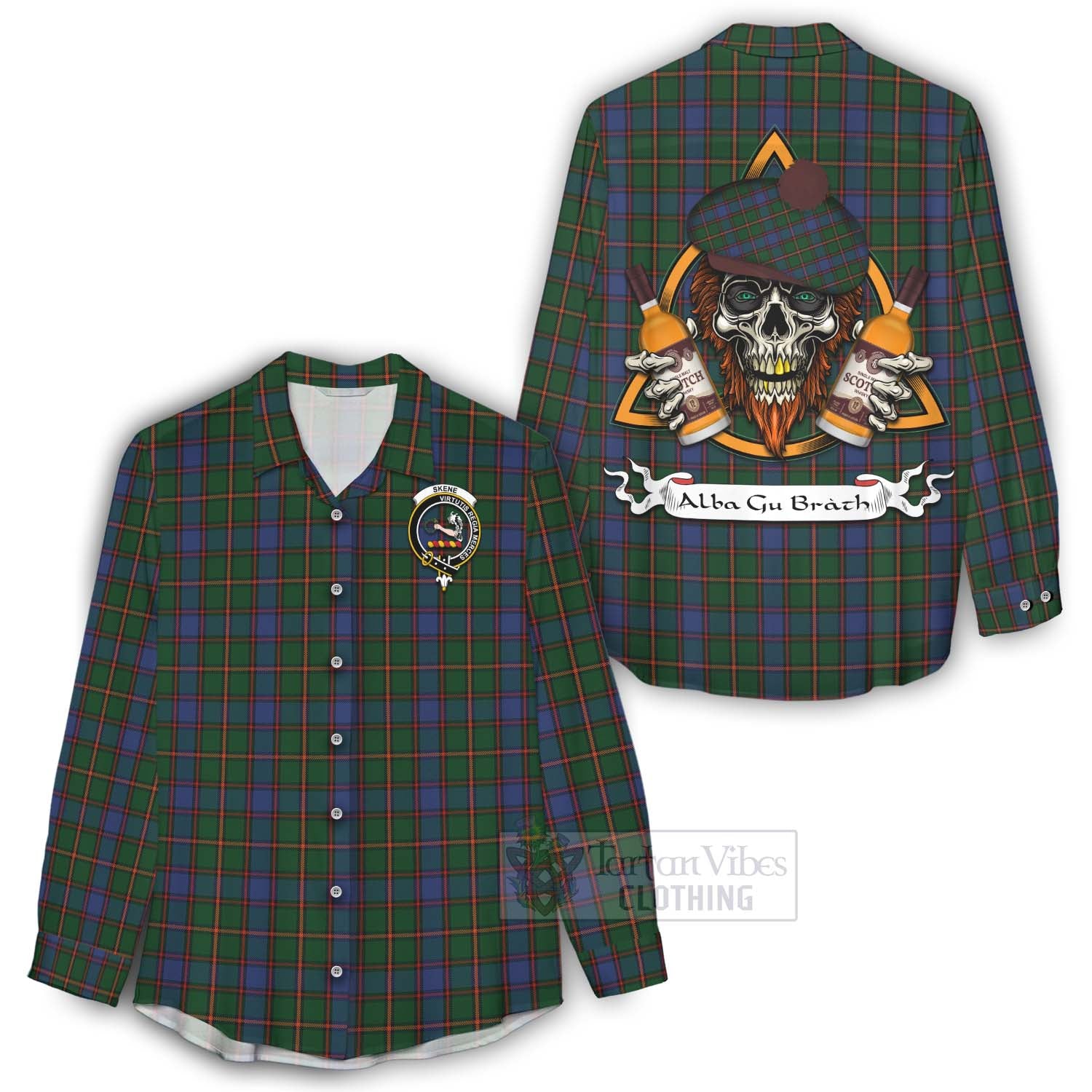 Tartan Vibes Clothing Skene Tartan Women's Casual Shirt with Family Crest and Bearded Skull Holding Bottles of Whiskey