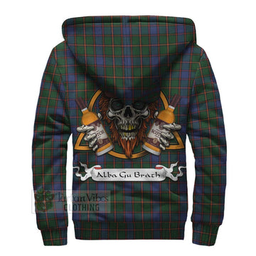 Skene Tartan Sherpa Hoodie with Family Crest and Bearded Skull Holding Bottles of Whiskey