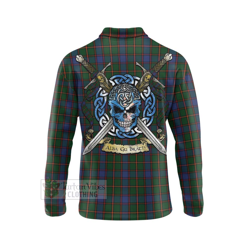 Tartan Vibes Clothing Skene Tartan Long Sleeve Polo Shirt with Family Crest Celtic Skull Style