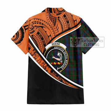 Skene Crest Tartan Short Sleeve Button Shirt with Polynesian Vibes Style - Orange Version