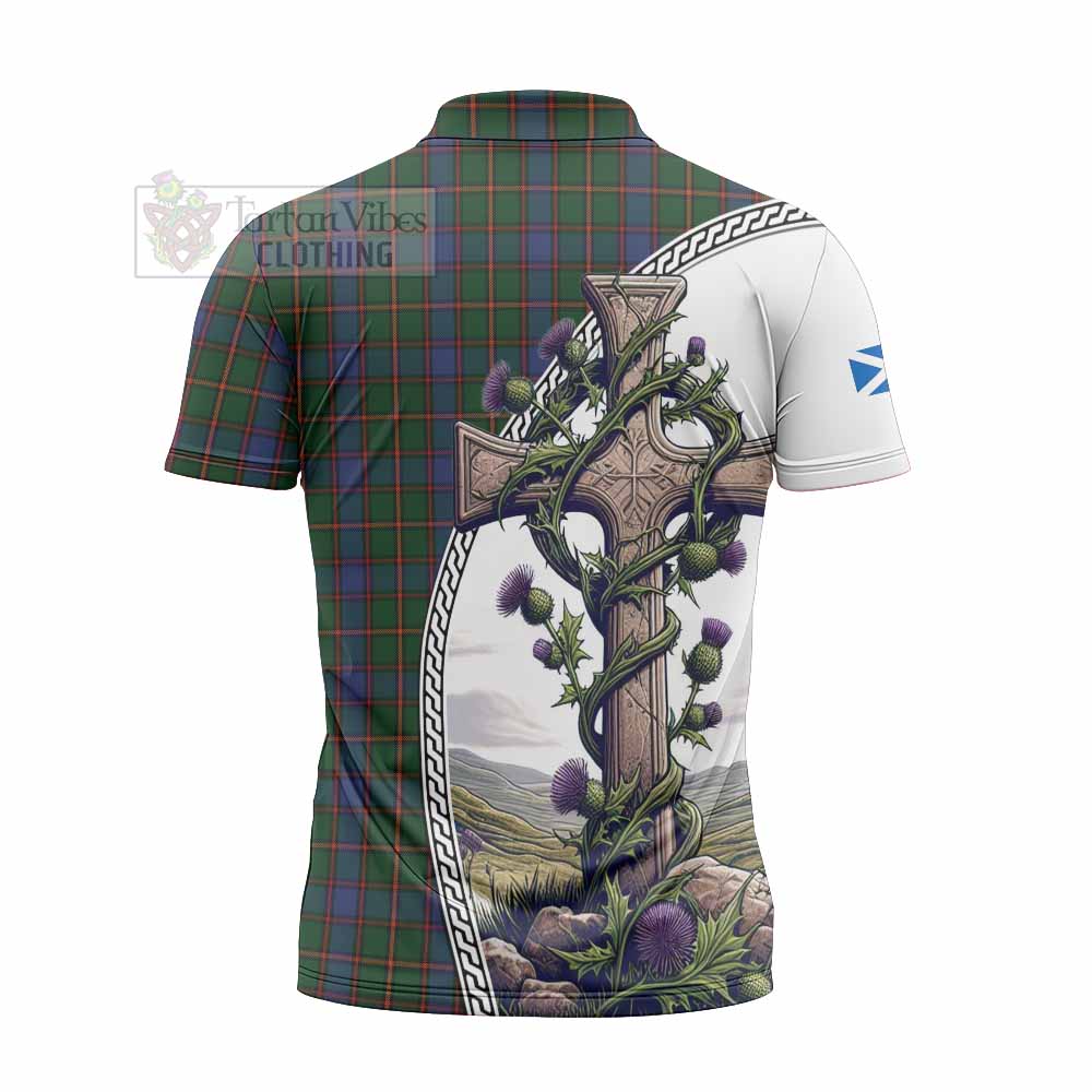 Tartan Vibes Clothing Skene Tartan Zipper Polo Shirt with Family Crest and St. Andrew's Cross Accented by Thistle Vines