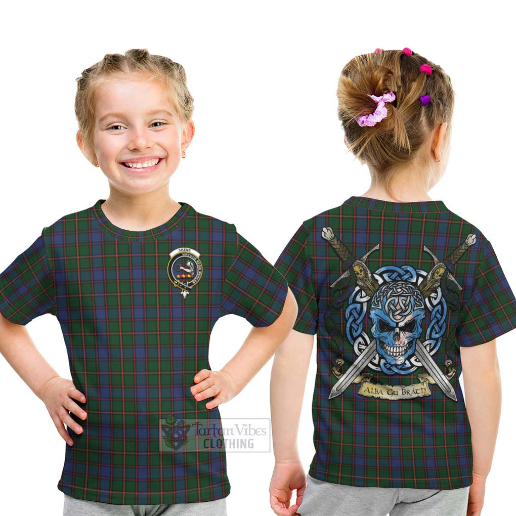 Tartan Vibes Clothing Skene Tartan Kid T-Shirt with Family Crest Celtic Skull Style