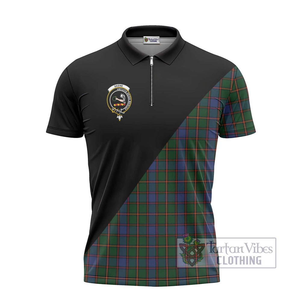 Skene Tartan Zipper Polo Shirt with Family Crest and Military Logo Style - Tartanvibesclothing Shop