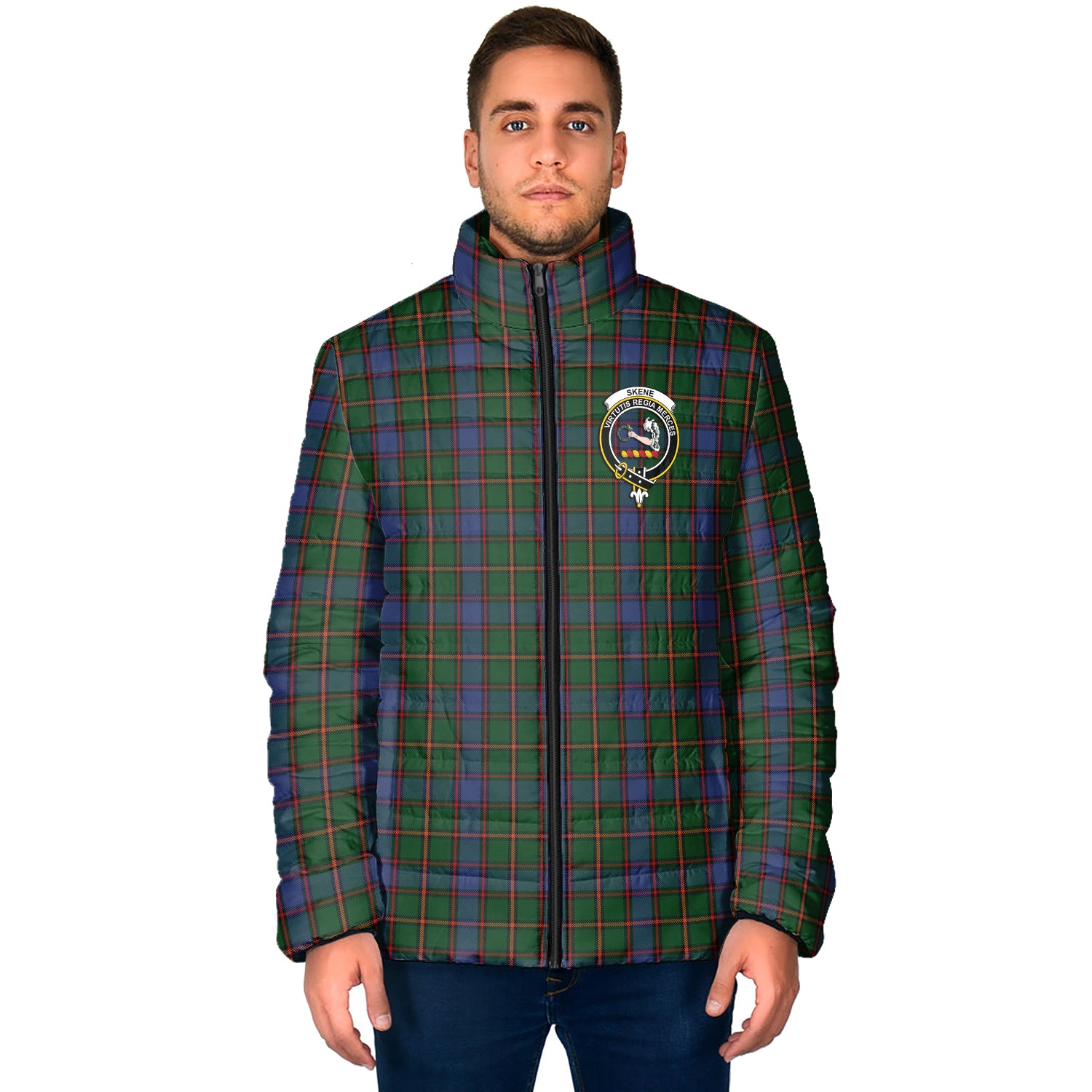 Skene Tartan Padded Jacket with Family Crest - Tartan Vibes Clothing