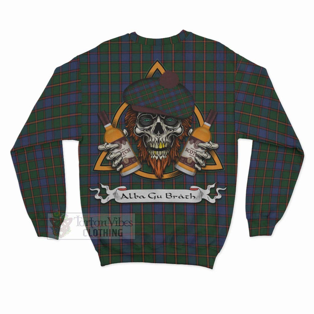 Tartan Vibes Clothing Skene Tartan Sweatshirt with Family Crest and Bearded Skull Holding Bottles of Whiskey