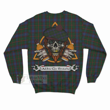 Skene Tartan Sweatshirt with Family Crest and Bearded Skull Holding Bottles of Whiskey