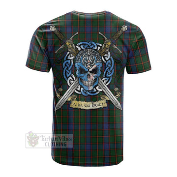 Skene Tartan Cotton T-shirt with Family Crest Celtic Skull Style