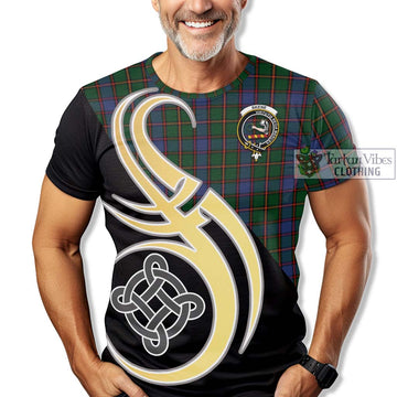 Skene Tartan T-Shirt with Family Crest and Celtic Symbol Style