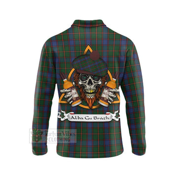 Skene Tartan Long Sleeve Polo Shirt with Family Crest and Bearded Skull Holding Bottles of Whiskey