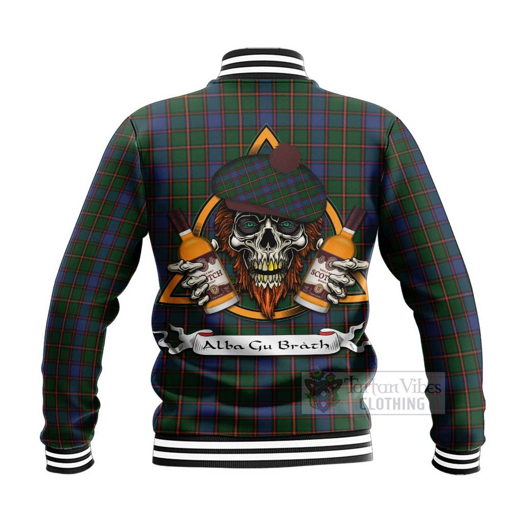 Tartan Vibes Clothing Skene Tartan Baseball Jacket with Family Crest and Bearded Skull Holding Bottles of Whiskey