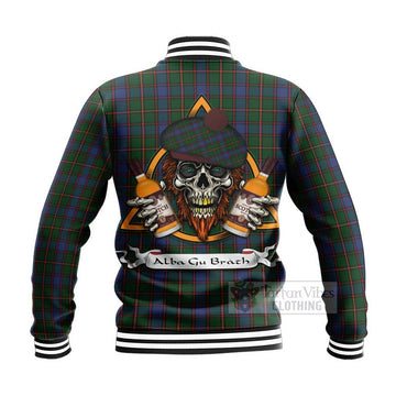 Skene Tartan Baseball Jacket with Family Crest and Bearded Skull Holding Bottles of Whiskey