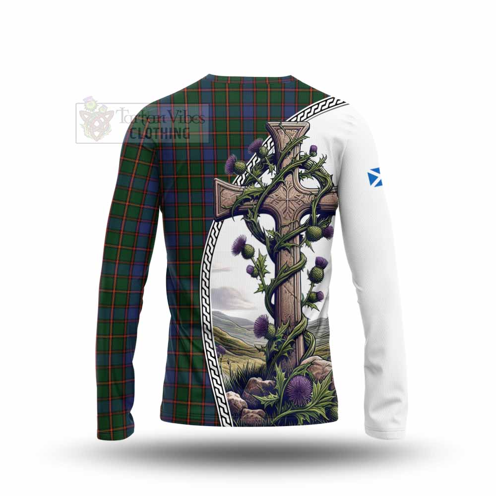 Tartan Vibes Clothing Skene Tartan Long Sleeve T-Shirt with Family Crest and St. Andrew's Cross Accented by Thistle Vines