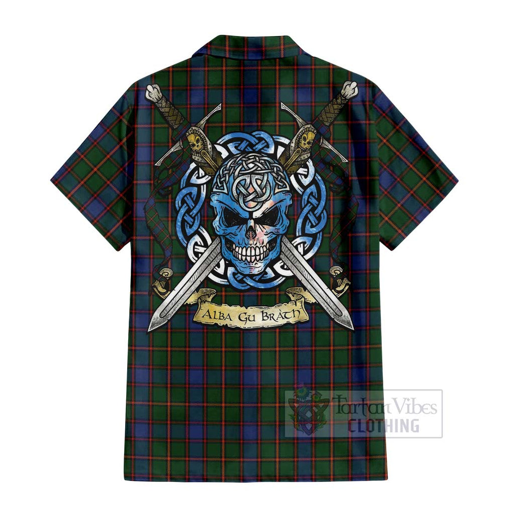 Tartan Vibes Clothing Skene Tartan Short Sleeve Button Shirt with Family Crest Celtic Skull Style