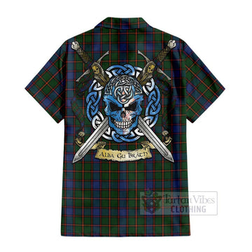 Skene Tartan Short Sleeve Button Shirt with Family Crest Celtic Skull Style