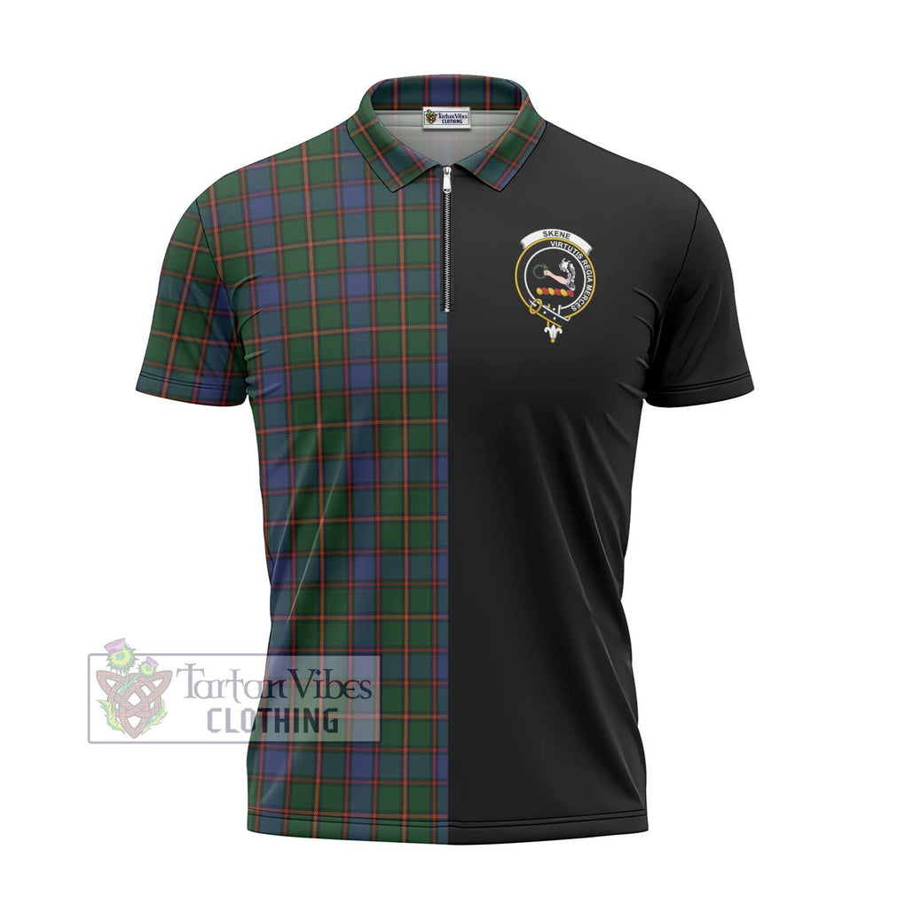 Skene Tartan Zipper Polo Shirt with Family Crest and Half Of Me Style - Tartanvibesclothing Shop