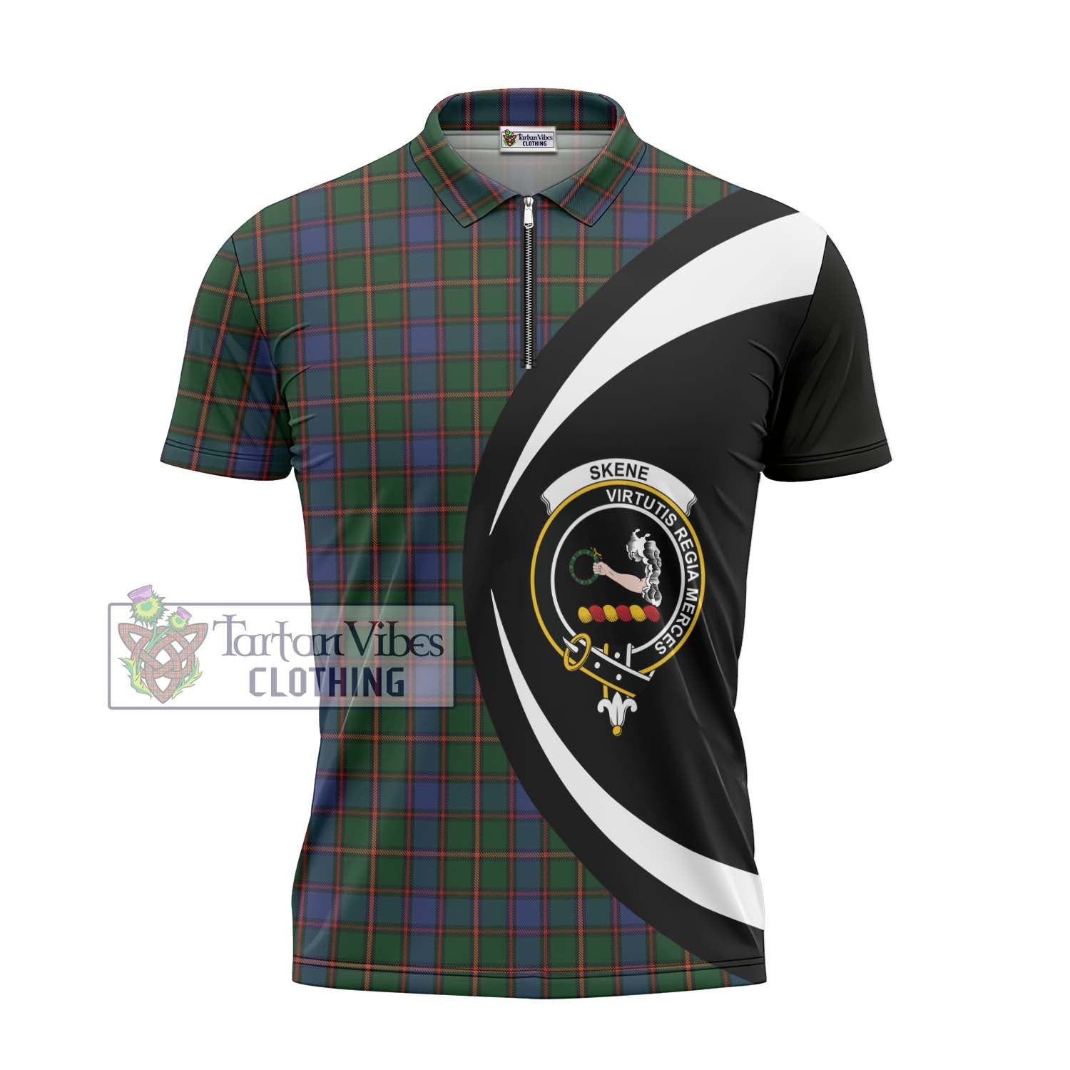 Skene Tartan Zipper Polo Shirt with Family Crest Circle Style - Tartan Vibes Clothing