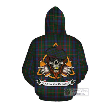 Skene Tartan Cotton Hoodie with Family Crest and Bearded Skull Holding Bottles of Whiskey