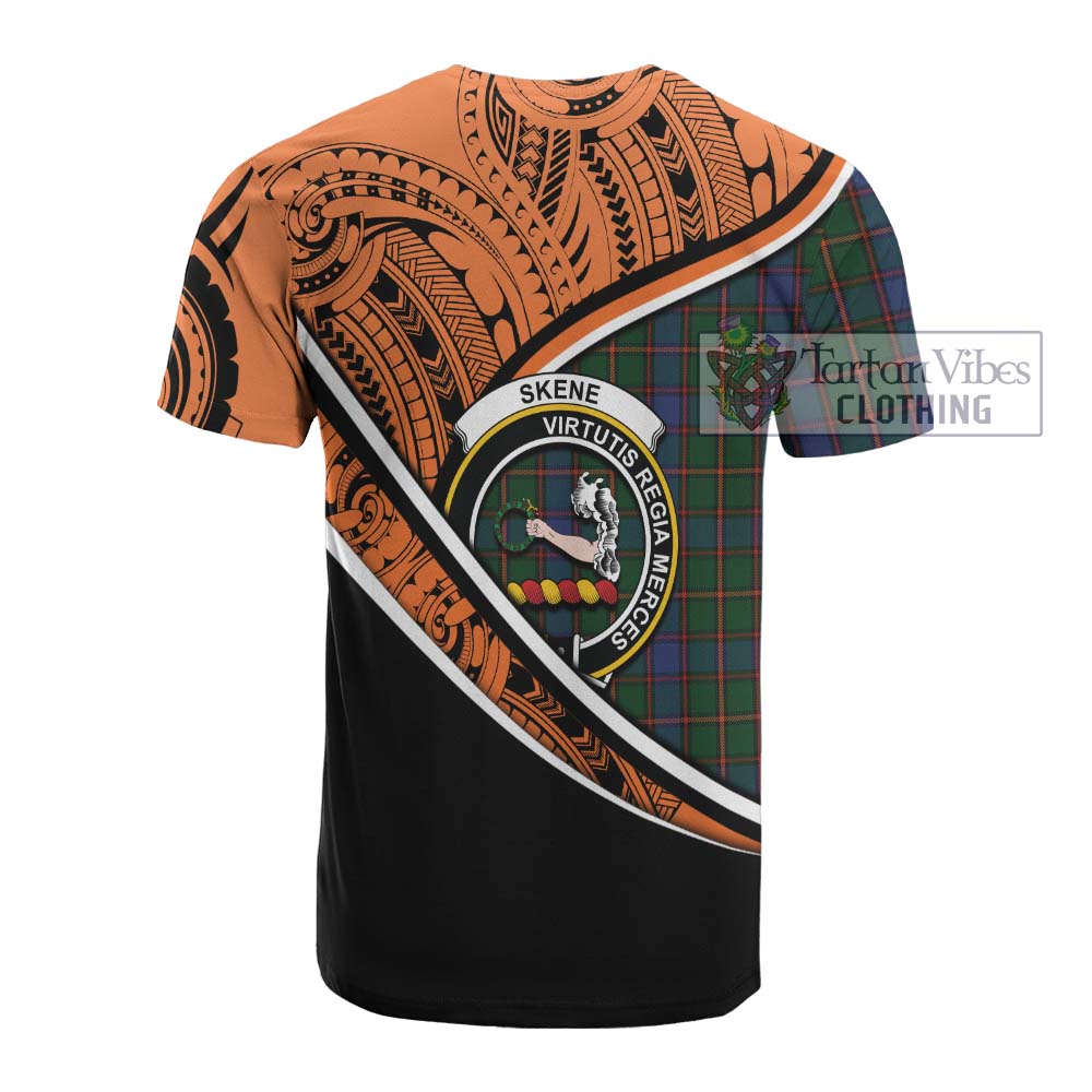 Tartan Vibes Clothing Skene Crest Tartan Cotton T-shirt with Maori Tattoo Style - Orange Version