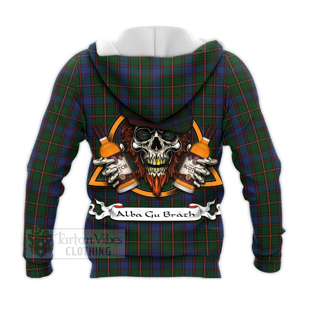 Tartan Vibes Clothing Skene Tartan Knitted Hoodie with Family Crest and Bearded Skull Holding Bottles of Whiskey