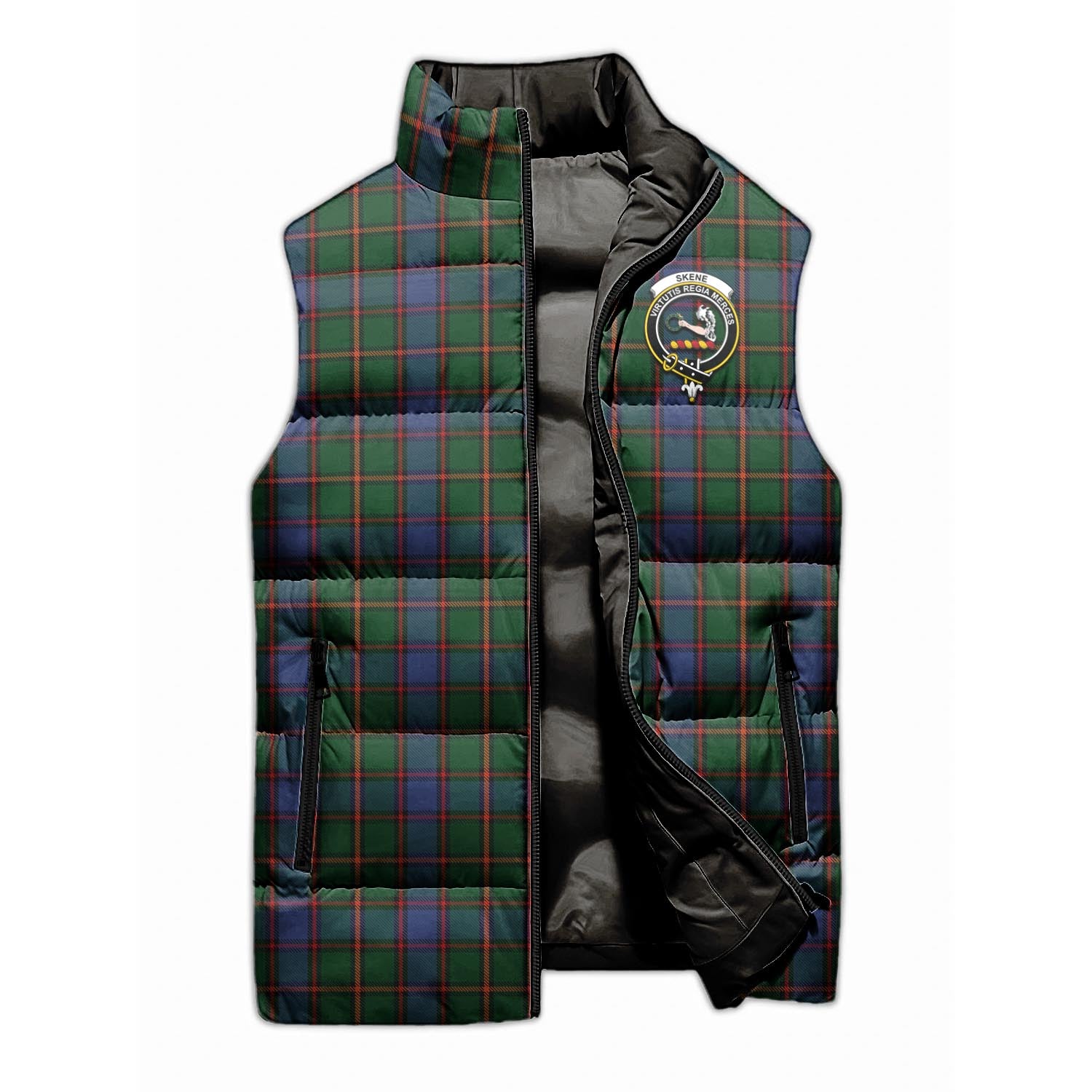 Skene Tartan Sleeveless Puffer Jacket with Family Crest - Tartanvibesclothing