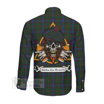 Skene Tartan Long Sleeve Button Shirt with Family Crest and Bearded Skull Holding Bottles of Whiskey