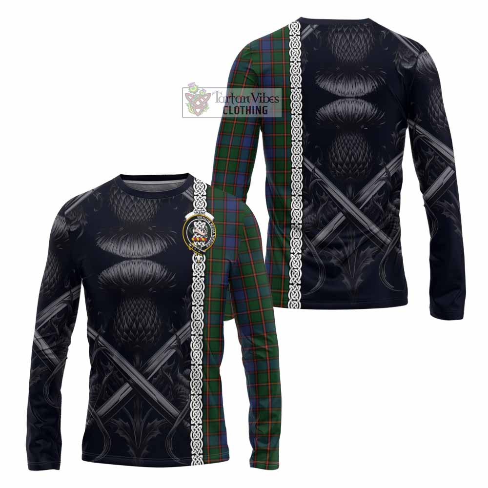 Tartan Vibes Clothing Skene Tartan Long Sleeve T-Shirt with Family Crest Cross Sword Thistle Celtic Vibes