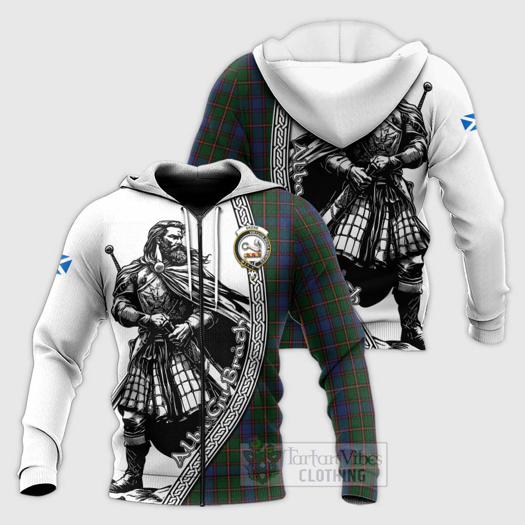 Tartan Vibes Clothing Skene Tartan Clan Crest Knitted Hoodie with Highlander Warrior Celtic Style