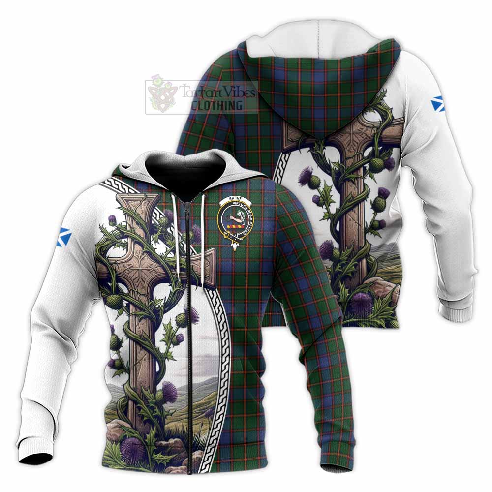 Tartan Vibes Clothing Skene Tartan Knitted Hoodie with Family Crest and St. Andrew's Cross Accented by Thistle Vines