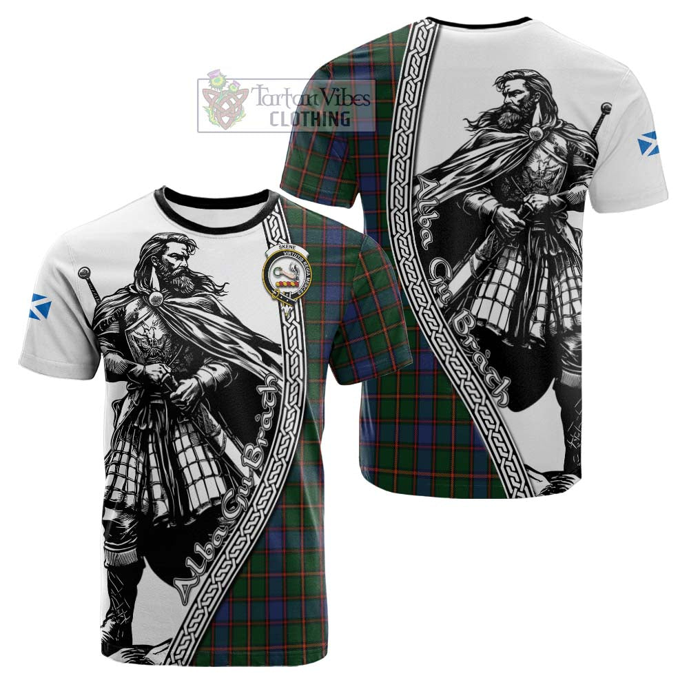 Skene Tartan Clan Crest Cotton T-shirt with Highlander Warrior Celtic Style