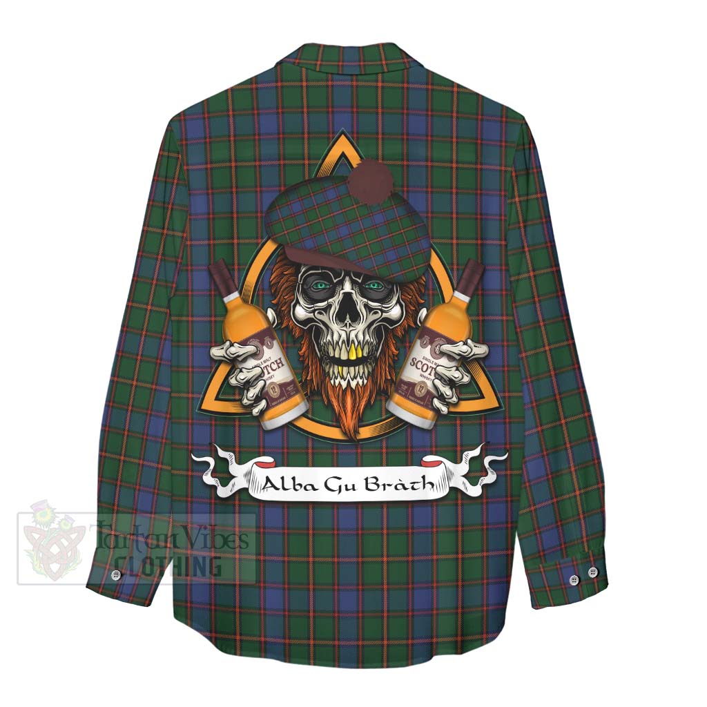 Tartan Vibes Clothing Skene Tartan Women's Casual Shirt with Family Crest and Bearded Skull Holding Bottles of Whiskey