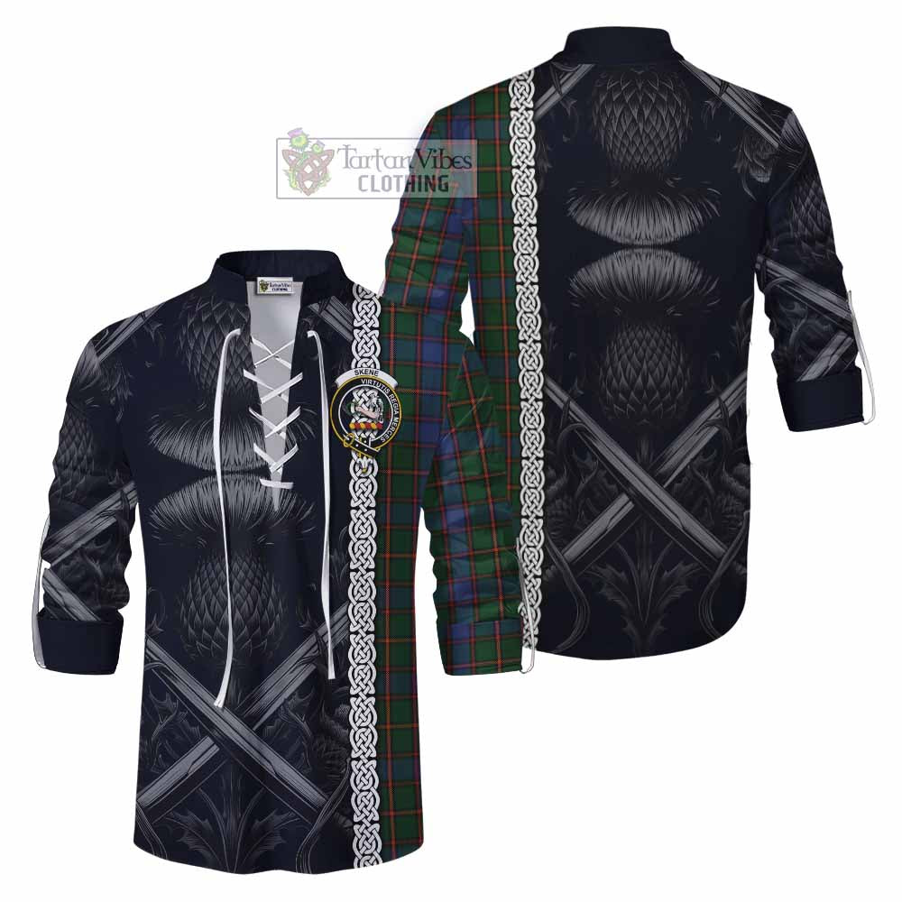 Tartan Vibes Clothing Skene Tartan Ghillie Kilt Shirt with Family Crest Cross Sword Thistle Celtic Vibes