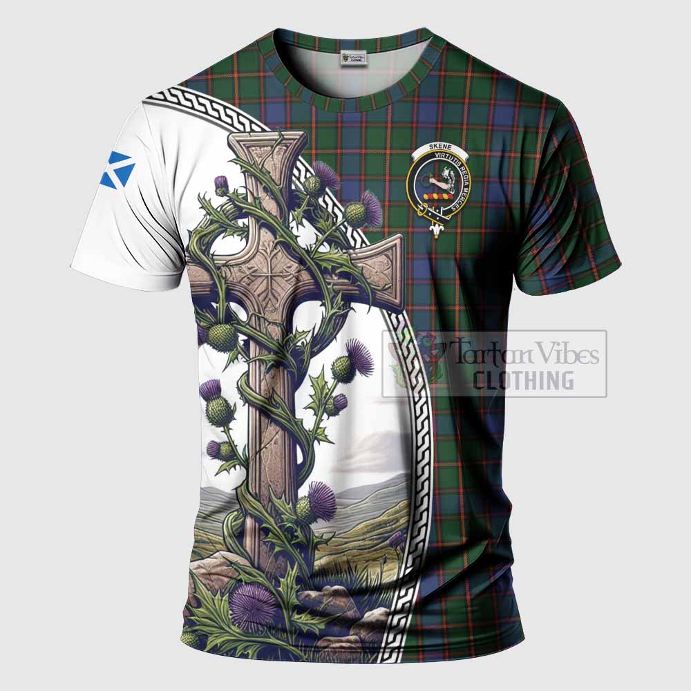 Tartan Vibes Clothing Skene Agnew Tartan T-Shirt with Family Crest and St. Andrew's Cross Accented by Thistle Vines