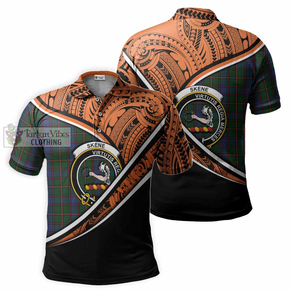 Tartan Vibes Clothing Skene Crest Tartan Polo Shirt with Maori Tattoo Style - Orange Version